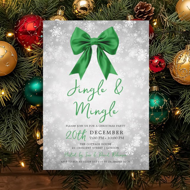 Silver Green Jingle Mingle Xmas Party Bow Snow  Invitation (Creator Uploaded)