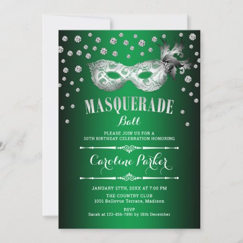 Silver Green Masquerade Ball Birthday Party Invitation