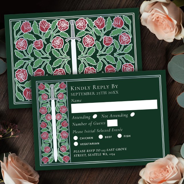 Silver Green Medieval Floral Sword Wedding RSVP Card (Creator Uploaded)