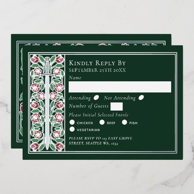 Silver Green Medieval Floral Sword Wedding RSVP Foil Invitation (Front/Back)