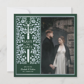 Silver Green Medieval Sword Save the Date Photo Invitation