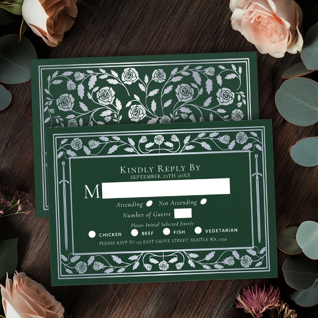 Silver Green Medieval Sword Wedding RSVP (Creator Uploaded)