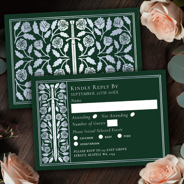 Silver Green Medieval Sword Wedding RSVP Card (Creator Uploaded)