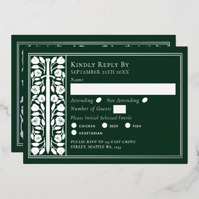 Silver Green Medieval Sword Wedding RSVP Foil Invitation (Front/Back)