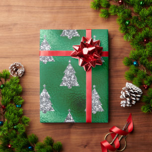 Silver Green Metallic Christmas Tree Holiday Wrapping Paper
