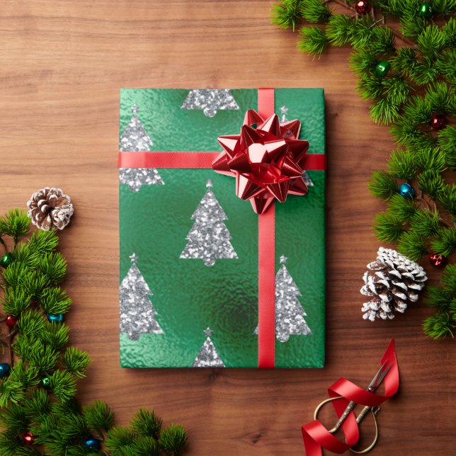 Silver Green Metallic Christmas Tree Holiday Wrapping Paper (Holiday Gift)