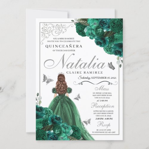 Silver  Green Princess Dress Flowers Quinceanera Invitation