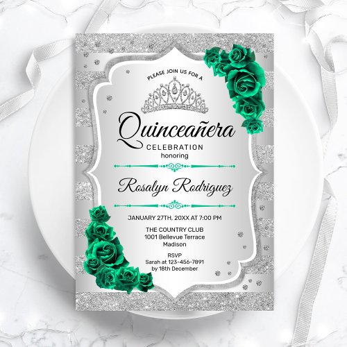 Silver Green Quinceanera Invitation