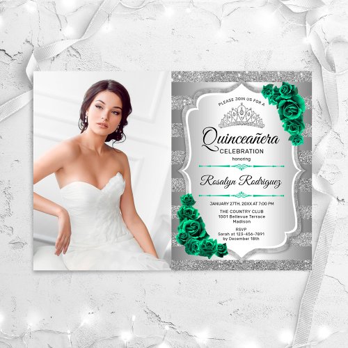 Silver Green Quinceanera Party With Photo Invitation