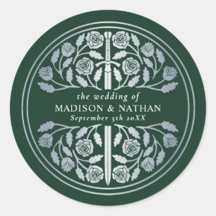 Silver Green Royal Medieval Sword Wedding Classic Round Sticker