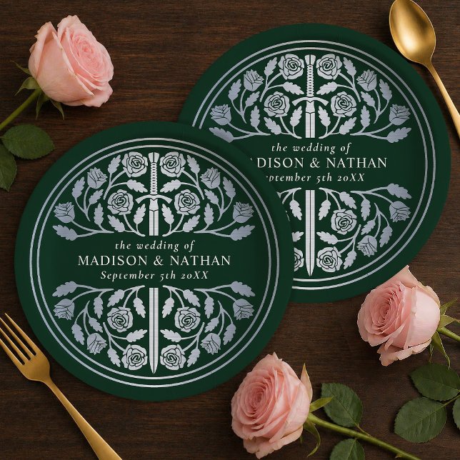 Silver Green Royal Medieval Sword Wedding  Paper Plates (Creator Uploaded)