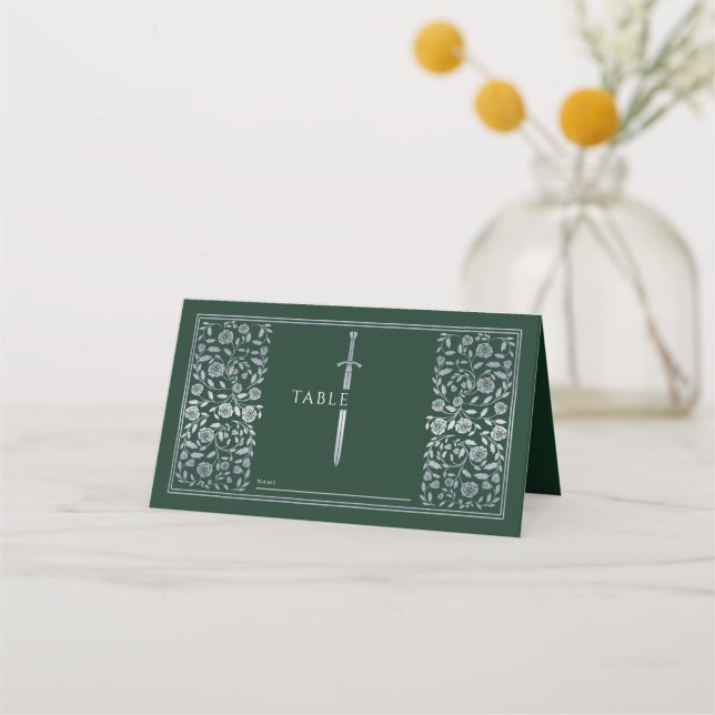Silver Green Royal Medieval Sword Wedding  Place Card (Front)