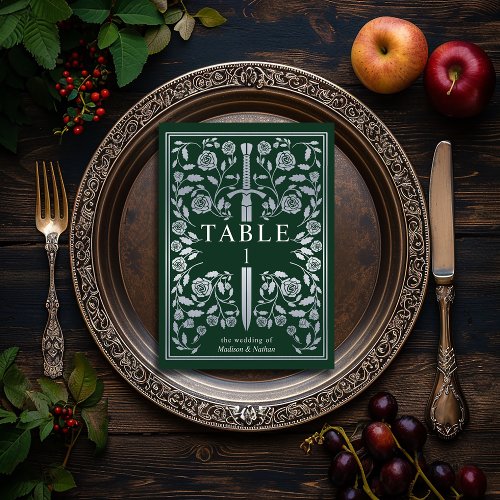 Silver Green Royal Medieval Sword Wedding  Table Number