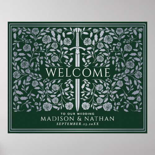 Silver Green Royal Medieval Sword Wedding Welcome  Poster