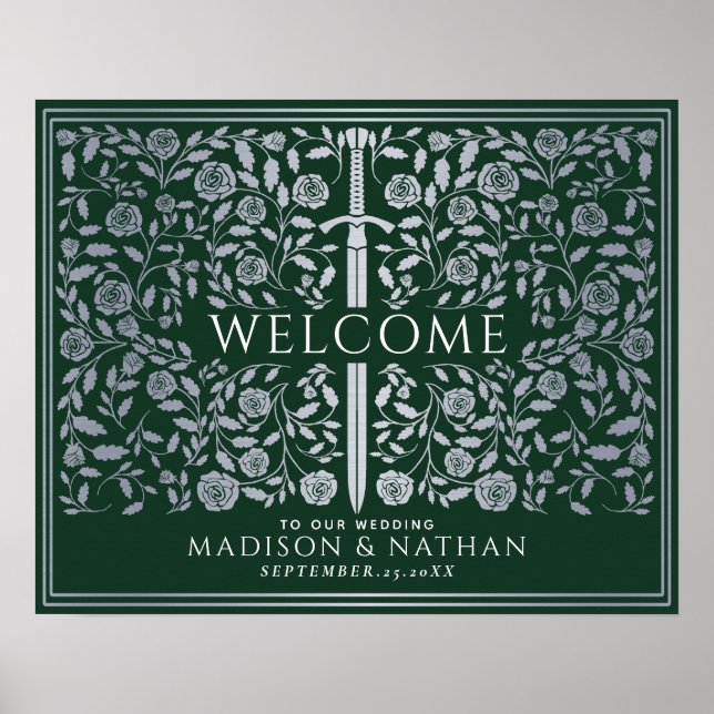 Silver Green Royal Medieval Sword Wedding Welcome  Poster (Front)
