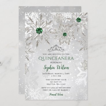 Silver Green Snowflake Princess Tiara Quinceañera Invitation