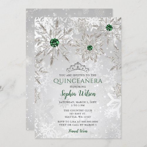 Silver Green Snowflake Princess Tiara Quinceaera Invitation