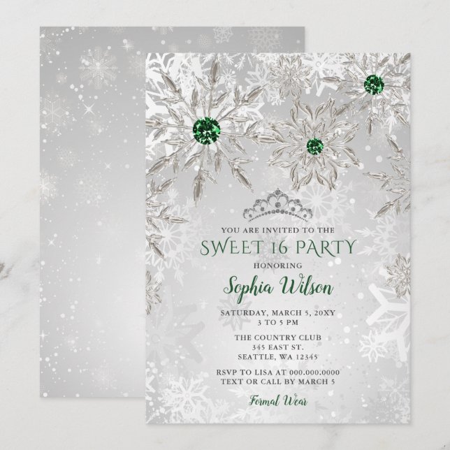 Silver Green Snowflake Princess Tiara Sweet 16 Invitation (Front/Back)