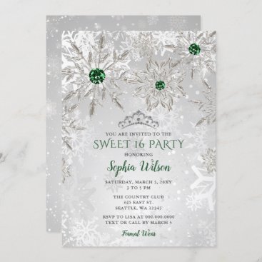 Silver Green Snowflake Princess Tiara Sweet 16 Invitation