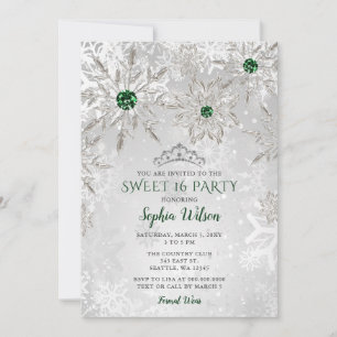 Silver Green Snowflakes Tiara Sweet 16 Invitation