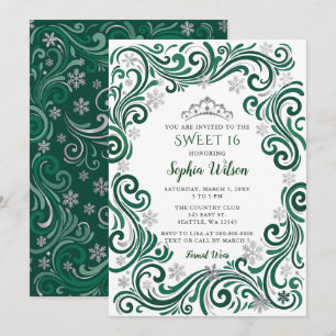 Silver Green Snowflakes Tiara Sweet 16 Invitation