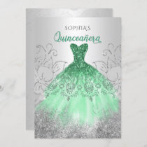 Silver Green Sparkle Dress Quinceañera Quince Invitation