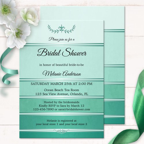 Silver Green Striped Tone on Tone Bridal Shower Invitation