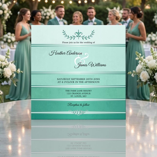 Silver Green Striped Tone on Tone Wedding Invitation (Wedding invitation featuring a striped design in tone on tone green hues with a silver lining)