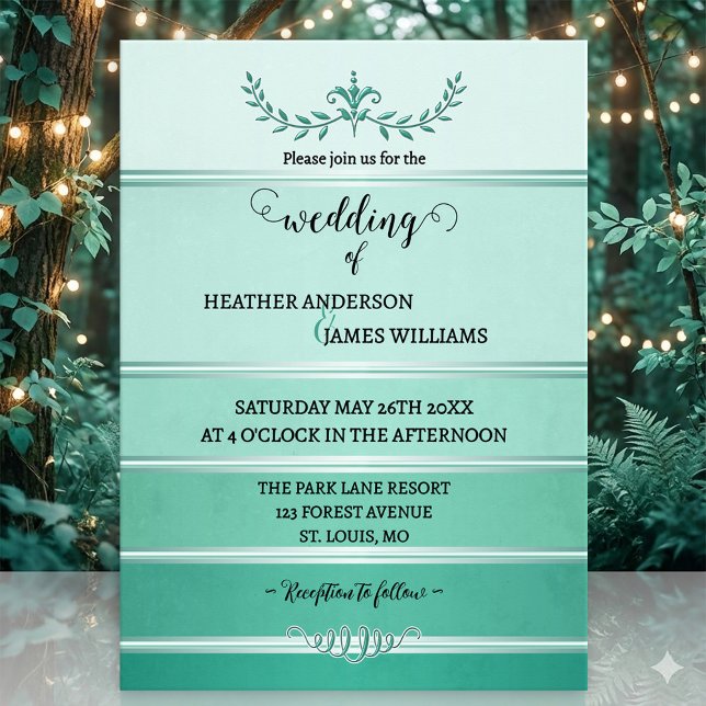 Silver Green Striped Tone on Tone Wedding Invitation (Wedding invitation featuring a painted striped design in tone on tone green with a silver lining)