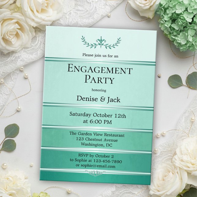 Silver Green Tone on Tone Striped Engagement Party Invitation (Engagement party invitation featuring painted green tone on tone stripes with a silver lining)