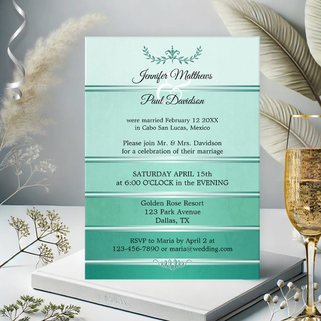 Silver Green Tone on Tone Striped Post Wedding Invitation (After wedding or elopement invitation featuring a tone on tone green with silver stripe)