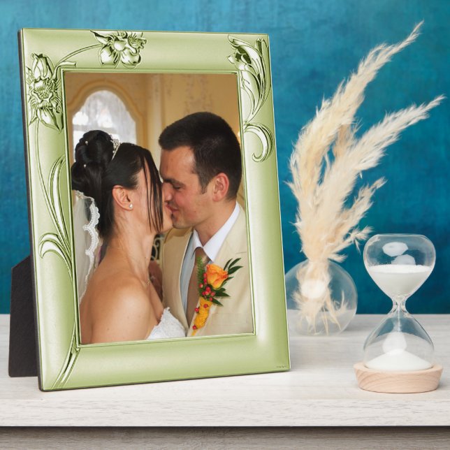 Silver Green Wedding Tinted & Flowers 1 Add Photo Plaque (Side)