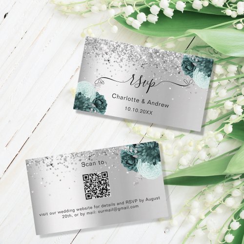 Silver green wedding website RSVP QR code Enclosure Card