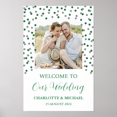 Silver Green Wedding Welcome Custom 12x18 Photo Poster