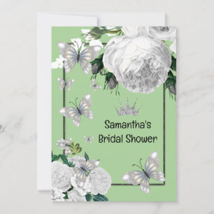 Silver green white elegant roses bridal shower invitation