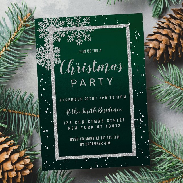 Silver green white snowflakes Christmas Party  Invitation (Silver green white snowflakes Christmas Party )