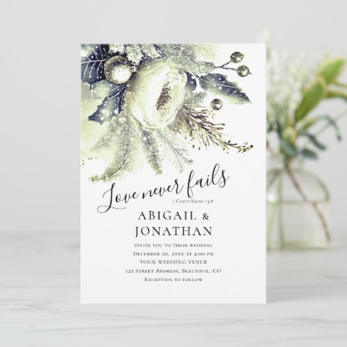 Silver Green Winter Floral Christian Bible Wedding Invitation