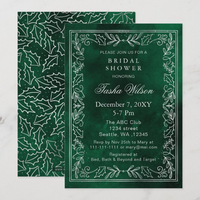 Silver Green Winter Foliage Holiday Bridal Shower Invitation (Front/Back)