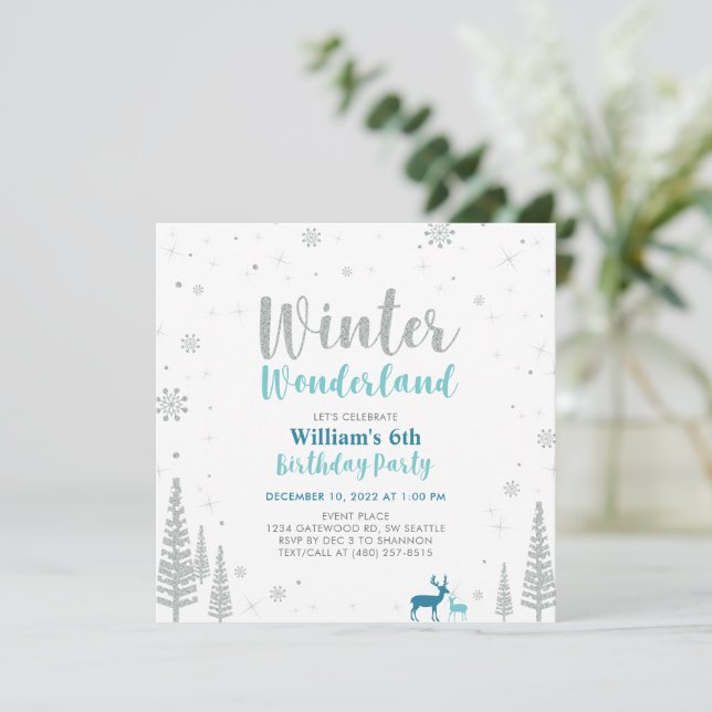Silver, Green Winter Wonderland Boy Birthday Party Invitation (Standing Front)