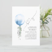 Silver Greenery and Blue Balloon Baby Shower Invit Invitation (Standing Front)
