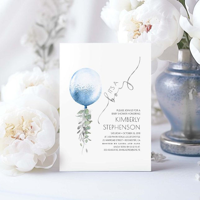 Silver Greenery and Blue Balloon Baby Shower Invit Invitation