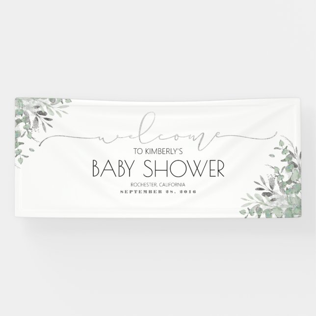 Silver Greenery Branches Baby Shower Banner (Horizontal)