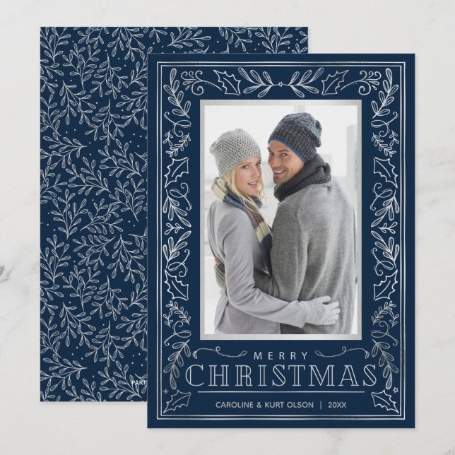 Silver Greenery Christmas Photo Holiday Card (Front/Back)