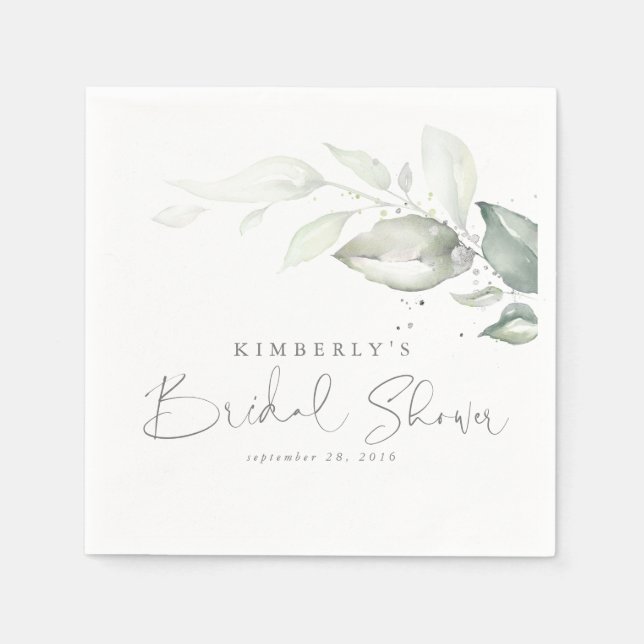 Silver Greenery Leaves Elegant Bridal Shower Napkins (Front)