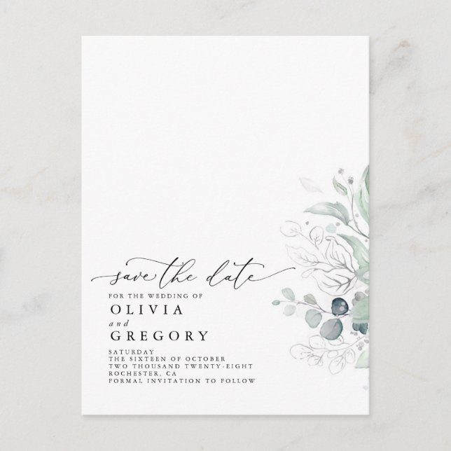 Silver Greenery Modern Elegant Save the Date Announcement Postcard (Front)