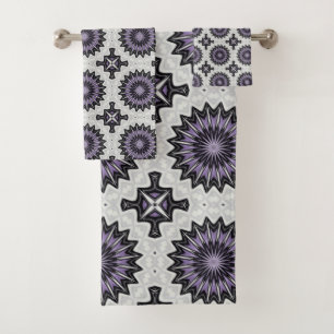 Silver Grey and Lilac Bold Repeat Tile Pattern Bath Towel Set