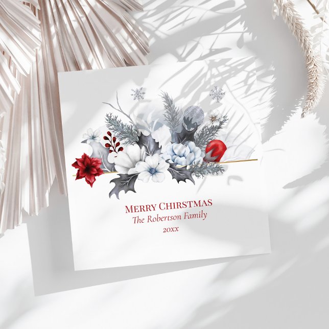 Silver Grey and Red Merry Christmas Napkins (Silver Grey and Red Merry Christmas Napkins on a sunny white table.)