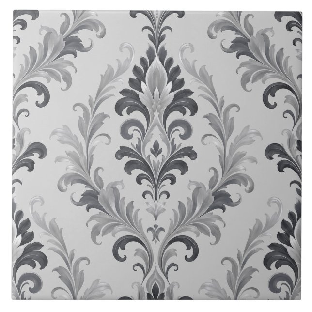 Silver Grey Baroque Damask Floral Pattern Ceramic Tile (Front)