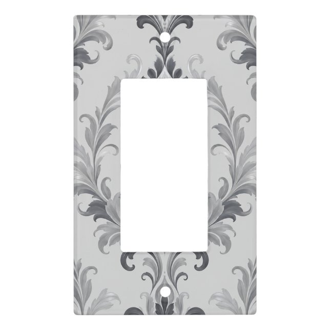 Silver Grey Baroque Damask Floral Pattern Light Switch Cover (Front)