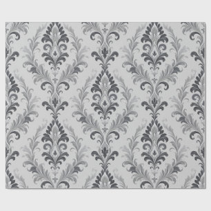 Silver Grey Baroque Damask Floral Pattern Wrapping Paper